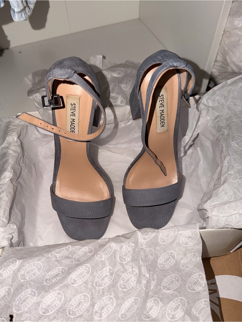 Steve Madden Blue-ish Gray Ankle-Strap Block Heels